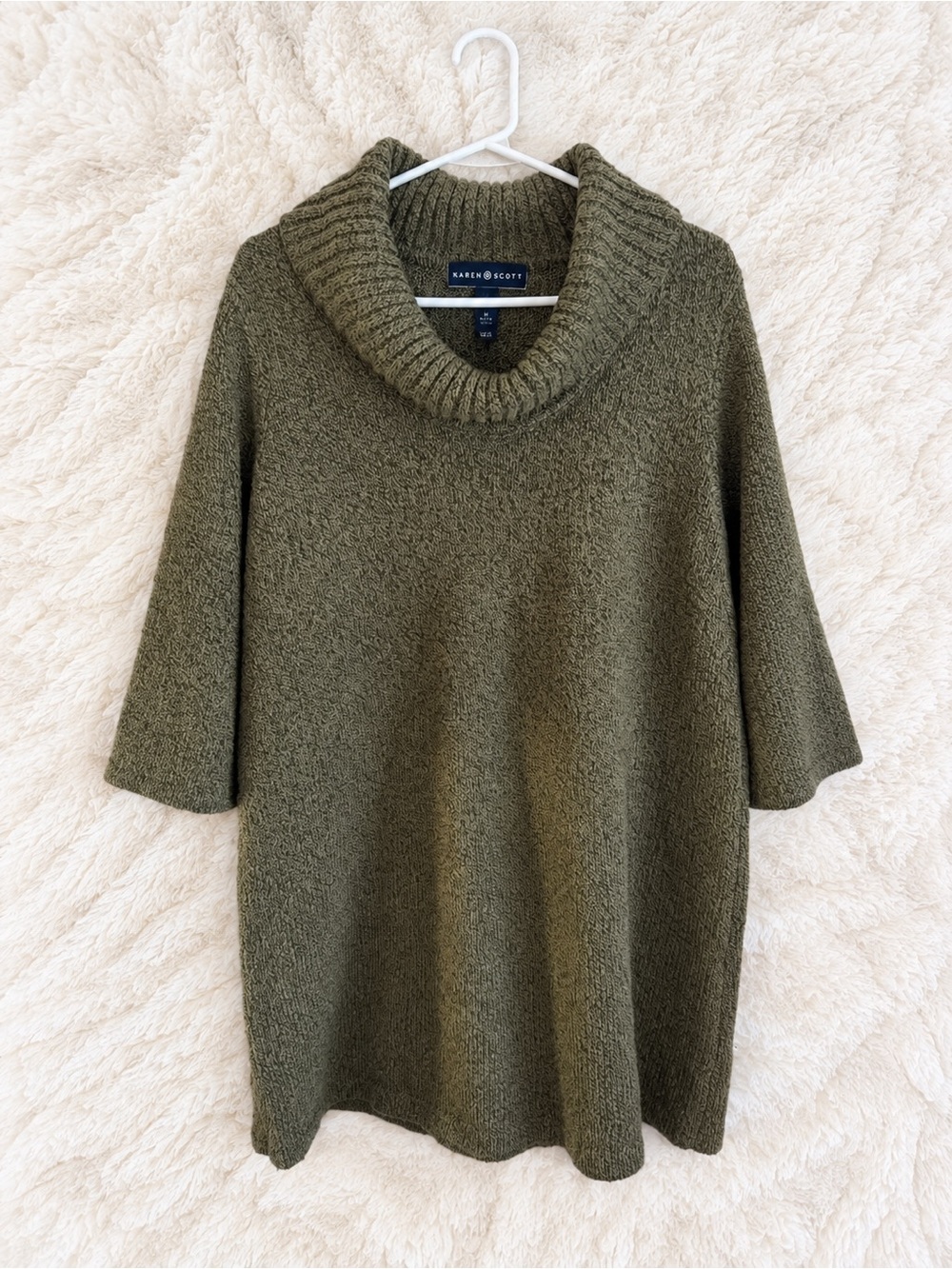 Karen Scott Olive Green Cowl Neck Short Sleeve Sweater